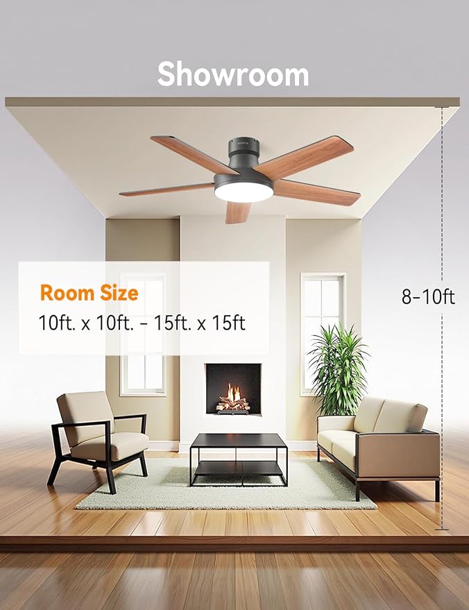 AKOFUN Ceiling Fans with Lights and Remote, Low Profile Ceiling Fan with Light, 6 Speed, Dimmable, DC Motor, Quiet, Timer, Modern LED Ceiling Fan for Bedroom Living Room 44 inch, Black