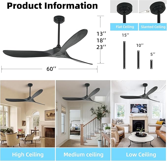 Outdoor Ceiling Fan Without Light, 60 Inch Smart Ceiling Fan with Remote & Voice Control for Compatible with Alexa/Google, 3-Blade Wood Fan, Quiet DC Motor, 6 Speeds for Patio, Porch, Farmhouse