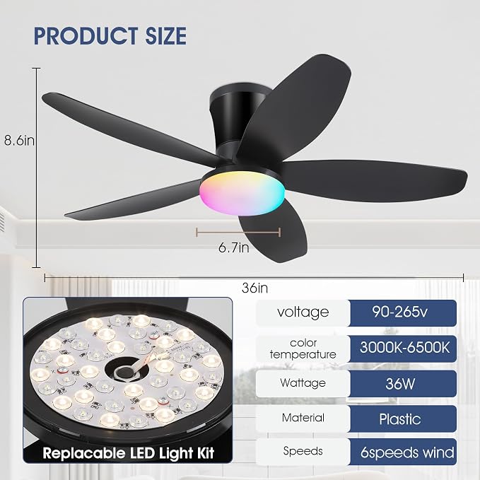Surtime Flush Mount RGB Ceiling Fans with Lights-36 Low Profile Ceiling Fan with Light and Remote/APP Control,DC Reversible,LED Dimmable Blakc Ceiling Fans for Bedroom,Indoor/Outdoor Patio Use