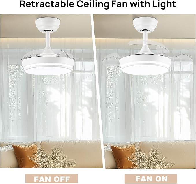 STERREN 30" Retractable Ceiling Fans with Lights, Dimmable LED Ceiling Fan Remote Control, Modern Small Fan Light for Bedroom Living Room Dinning Room Kitchen, 3000K-6500K, 6 Speed (White)