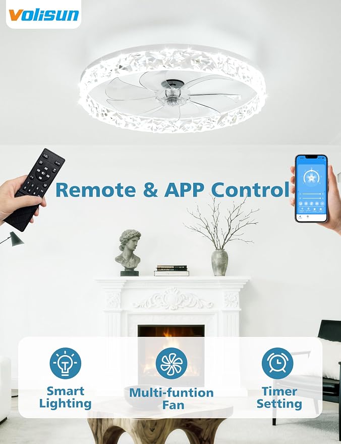 VOLISUN Low Profile Ceiling Fan with Lights and Remote, No Assembly, 20in Modern Ceiling Fans Flush Mount, 3000K-6500K Dimmable Bladeless LED Fan Light, White Fandelier Ceiling Fans for Bedroom