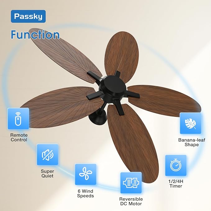 Passky Ceiling Fan No Light, 52 inch Tropical Ceiling Fan with Remote Control, Reversible, Super Quiet, High Quality DC Motor, Banana-leaf Shape Ceiling Fan for Bedroom, living room, Coverd Patio