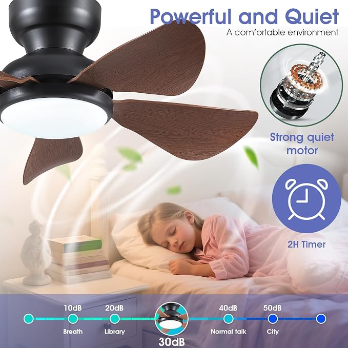 Kviflon 32 Inch Modern Ceiling Fans with Lights, Small Flush Mount Ceiling Fan with Light, Remote Control, 5 Reversible Curved Blades, 6 Speeds, 3 CCT Dimmable LED Lights for Kids Room Bedroom, Brown