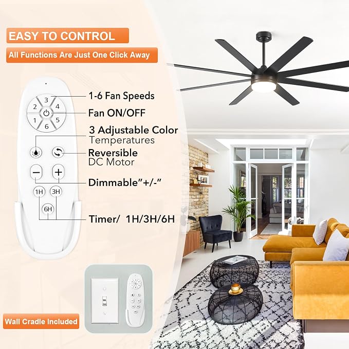 YUHAO 72 Inch Black Ceiling Fan with Light and Remote Control.Noiseless,Dimmable,3CCT,6 Speeds Reversible, DC Ceiling Fans for Indoor or Covered Outdoor Use.ETL Listed