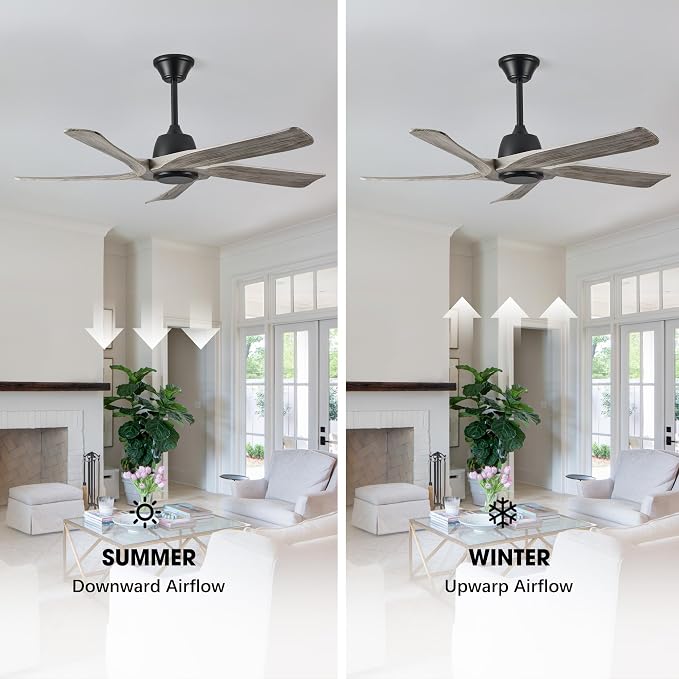 52“ DC Ceiling Fan without Light, 5 Solid Wood Fan Blades, Remote and APP Control, 6-speed Reversible, Noiseless Ceiling Fan No Lights for Bedroom, Living Room, Office, Greywood