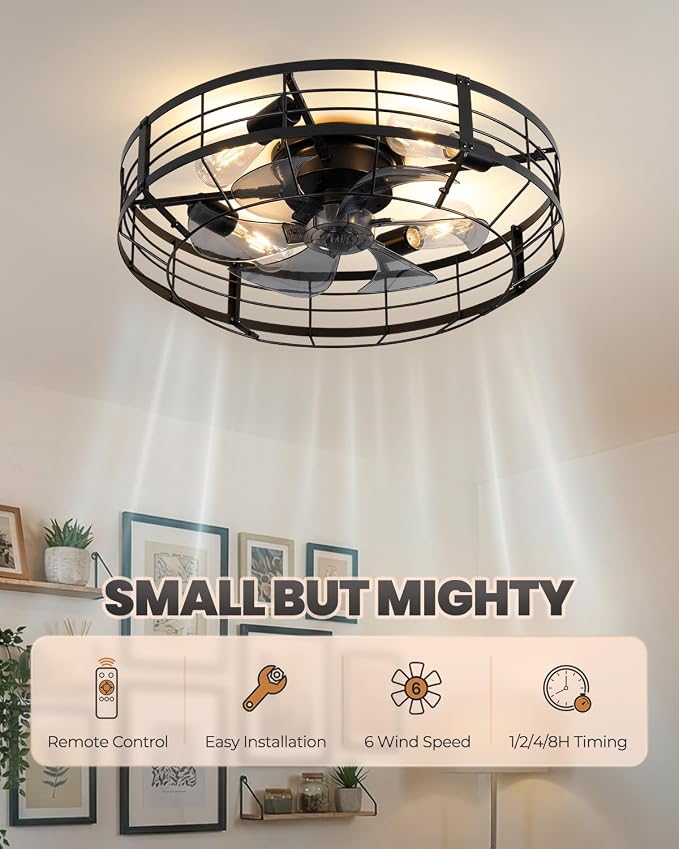23 Inch Farmhouse Caged Ceiling Fan with Light, Remote Control Flush Mount Fan Lights Ceiling Fixtures, 6 Speeds Reversible Motor Bladeless Indooor Lights for Kitchen, Living Room, Bedroom, Black