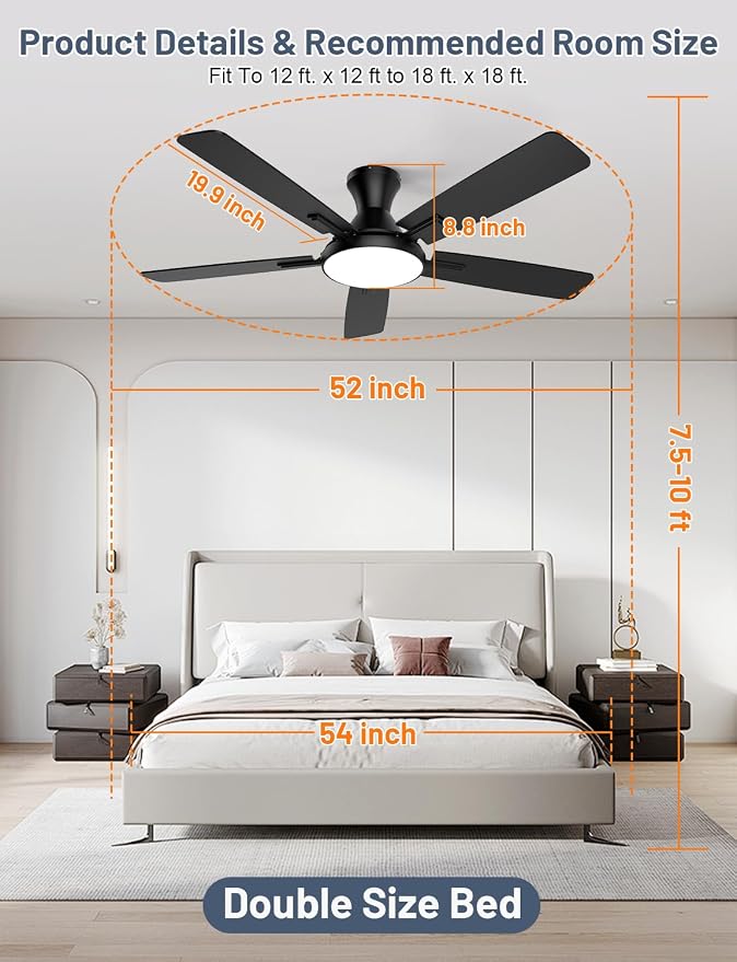 Ceiling Fan with Lights, 52” Ceiling Fan with Light and Remote/APP Control, 2700-6500K CCT Adjustable, Stepless Dimmable, Quiet Reversible Motor, Flush Mount LED Fans Light for Bedroom Living Room