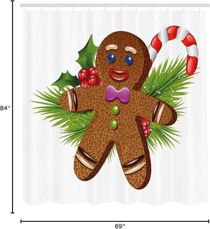 Ambesonne Gingerbread Man Shower Curtain, Tasty Pastry on Coniferous Branches Candy Cane and Holly Berry, Cloth Fabric Bathroom Decor Set with Hooks, 69" W x 84" L, Brown Green