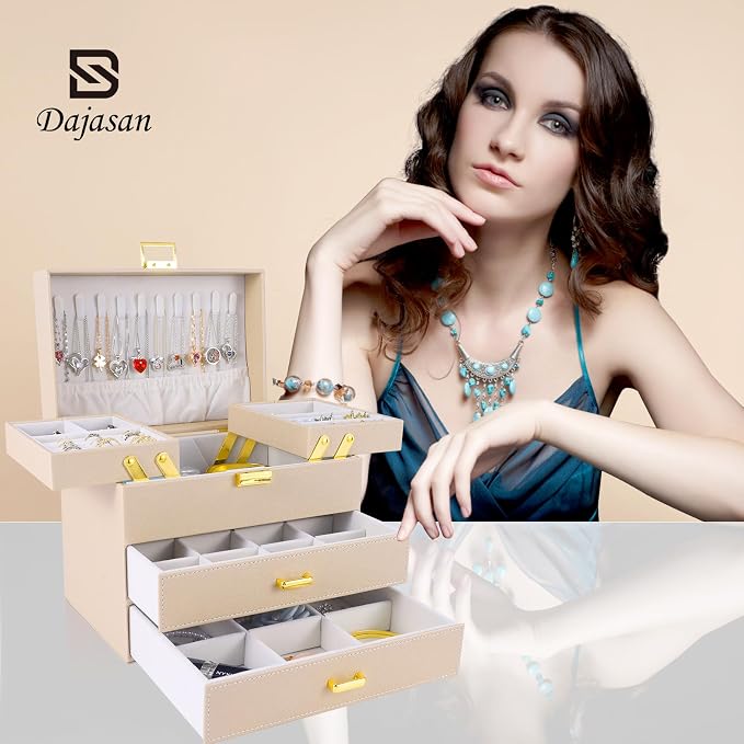 Dajasan Jewelry Organizer Box, Large Jewelry Boxes for Women Girls, Space-Saving 4 Layers Jewelry Storage Case with Drawer, Movable Metal Stand, Modern, Gift Idea (Champagne + Gold)