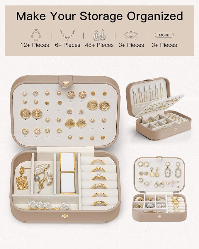 VLANDO Travel Jewelry Case for Women Girls Mothers, PU Leather Small Jewelry Box for Rings, Necklaces, Bracelets, Earring Holder Organizer Storage for Travel Accessories, Valentines Gift - Toffee