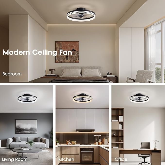 LUDOMIDE Ceiling Fans with Lights and Remote, 18'' Modern Low Profile Ceiling Fan, Dimmable LED Light, 6 Wind Speeds Flush Mount Ceiling Fans for Bedroom