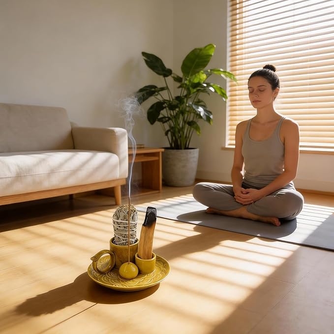 Tnstbiee 4-Inch 5-in-1 Yellow Ceramic Incense Holder | Multi-Use Smudge Tray for Palo Santo, Sage, Incense Sticks & Cones | Ideal for Candles & Meditation | Zen Altar for Yoga & Aromatherapy