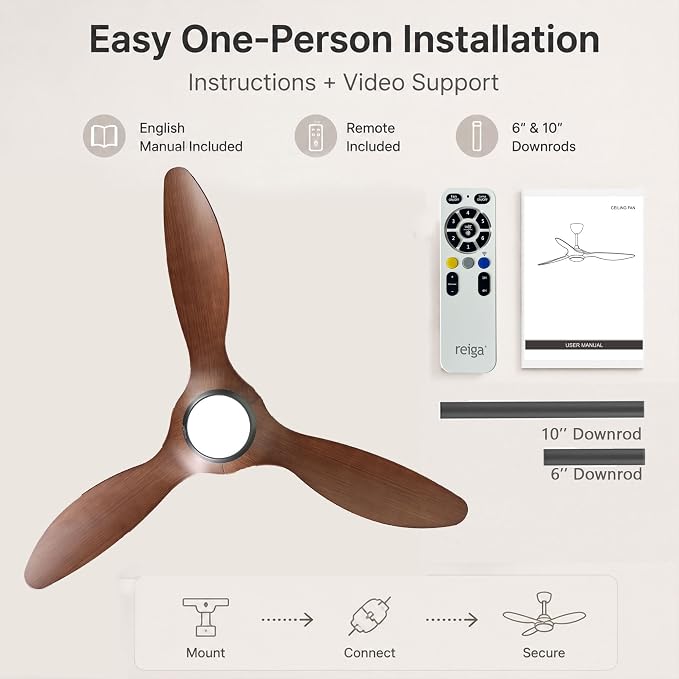 reiga 52" Modern Ceiling Fan with Light, Smart Alexa APP Remote Control | ABS Brown Blades,Metal Fittings,Quiet Energy-Saving DC Motor,6 Wind Speeds Reversible,Dimmable CCT Light,Downrods Included