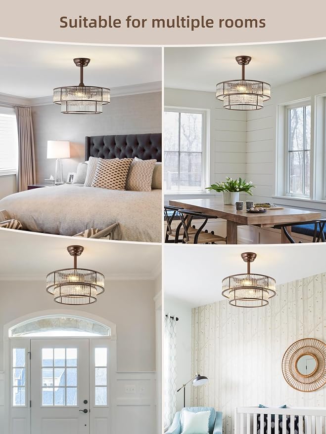 Brown Fandelier Ceiling Fans with Lights, 20" Brown Crystal Chandelier Ceiling Fan with Light Remote Control, Caged Mid Century with 6 Speeds for Bedroom, Living Room, Nursery