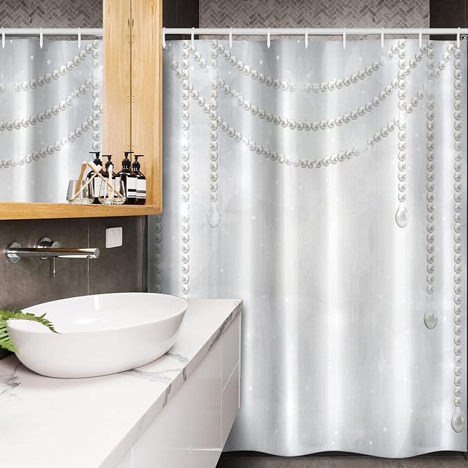 Ambesonne Pearls Stall Shower Curtain, Diamonds Stones and Pearls Hanging Necklace Bridal Wedding Theme Image, Fabric Bathroom Decor Set with Hooks, 54" W x 78" L, Ivory Grey