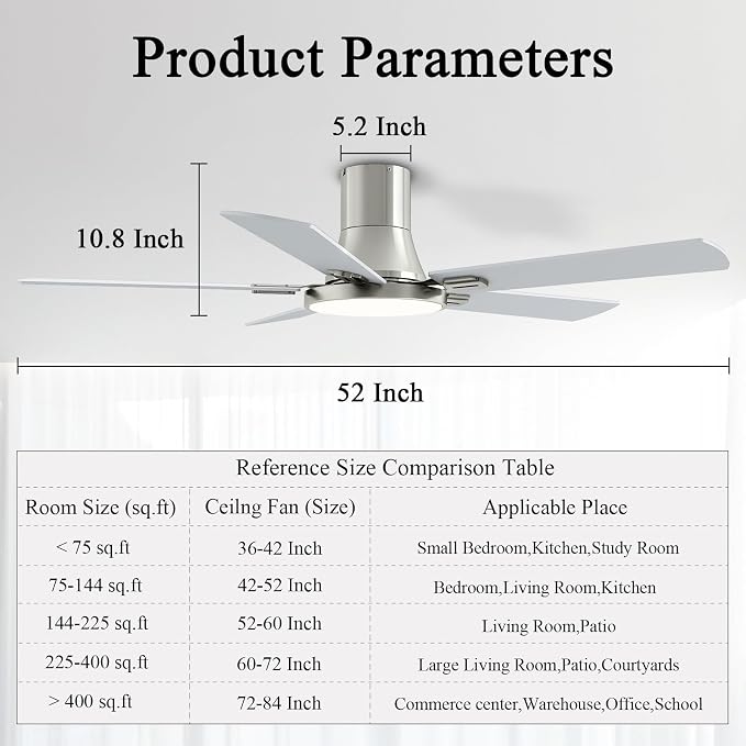 SNJ 52 Inch Brushed Nickel Ceiling Fans with Lights and Remote,Flush Mount Low Profile 5 Blades Ceiling Fan,Dimmable Quiet Reversible DC Motor for,Living Room,Bedroom and Patio