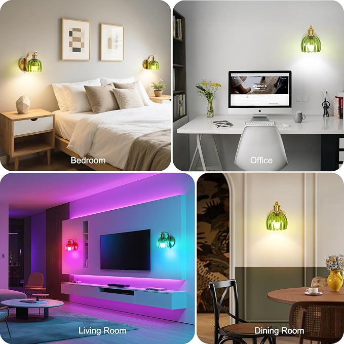 Rechargeable Battery Operated Wall Sconce Set of Two with Green Glass Lampshade, Wireless Battery Powered Wall Lamp with Remote Control, 15 Colors Gold Wall Light for Bedside Hallway Bedroom Doorway