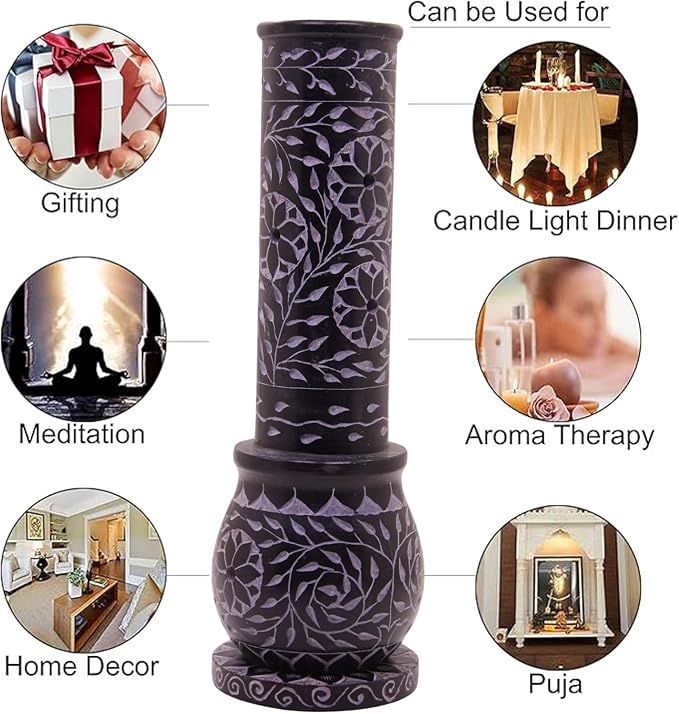 Hand Carved Marble Soapstone Incense Stick Holder – Black Incense Burner with Ash Catcher Base, Tea Light & Camphor Holder, Decorative Home & Puja Decor (3 x 3 x 10 Inch).