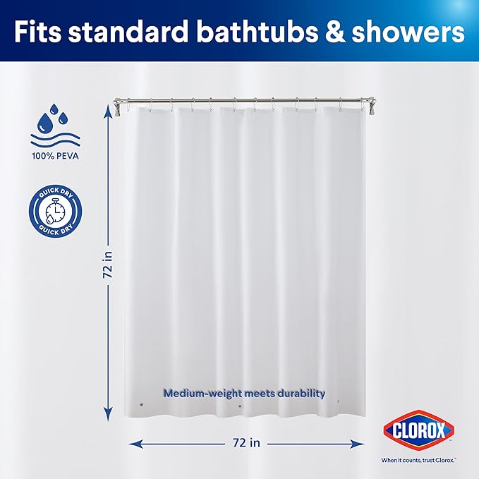 Clorox Shower Curtain Liner, Premium Lightweight Flexible Waterproof 6g PEVA for Bathroom with Weighted Magnets, Standard Size 72" x 72", White 1 Pack