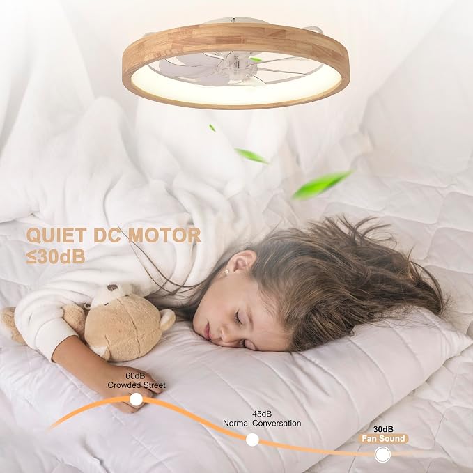 24" Solid Wood Low Profile Ceiling Fan with Light and Remote/APP | Reversible Quiet DC Flush Mount Fan Light,6 Speed Dimmable 3 Color Temperature for Bedroom Kidsroom Dining Room