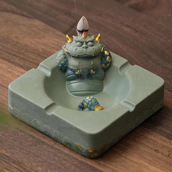 Pixiu Backflow Incense Burner with Ashtray, Mythical Beast Resin Incense Holder & Wealth Guardian Statue, Waterfall Smoke Effect Decor for Desk, Home Office Zen Gift