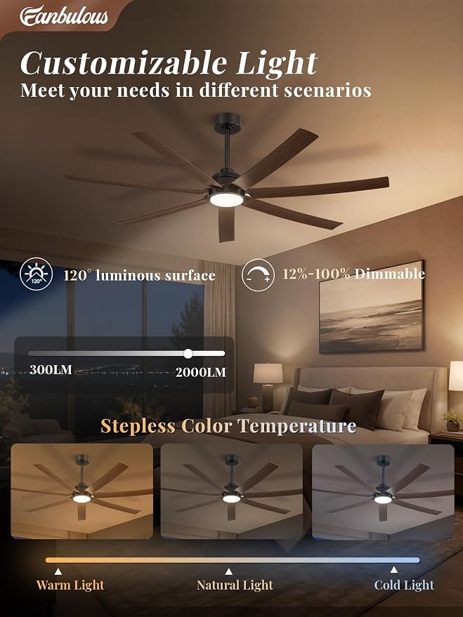 Fanbulous 66" Ceiling Fans with Lights and Remote, APP Control, 6 Speeds, Dimmable, 3CCT, Wood Grain Farmhouse Ceiling Fan with Reversible DC Motor, Indoor/Outdoor Ceiling Fan for Living Room Patios