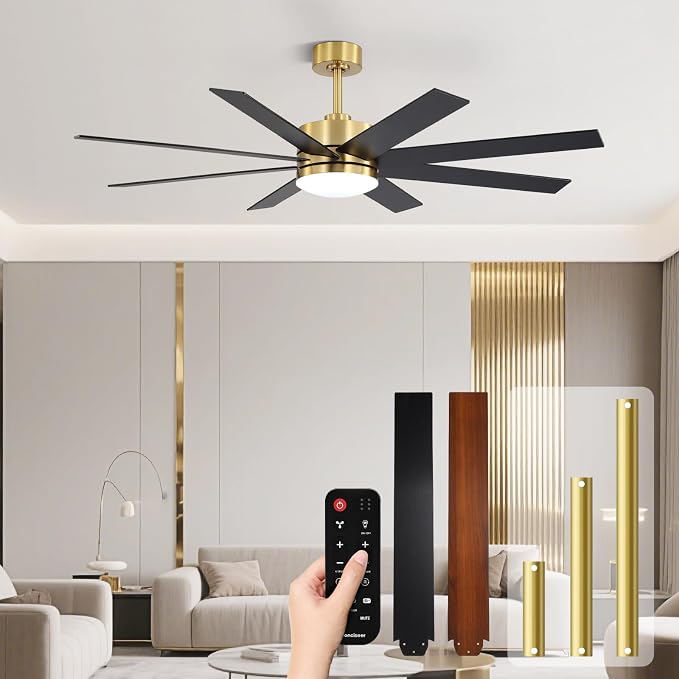 72 Inch Ceiling Fans with Lights and Remote, Dual Color 8 Blades, Living Room Office Library Cafe Indoor Outdoor Industrial, 3CCT Dimmable, 6 Speed Reversible Quiet DC Motor, Gold/Wood Grain