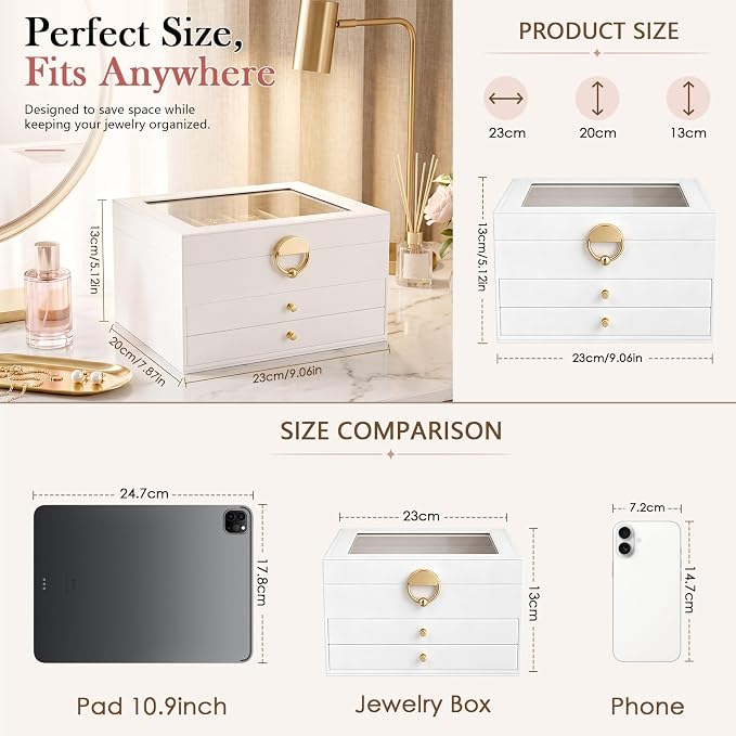 Jewelry Box - 3 Layer Jewelry Organizers and Storage with Clear Lid & 2 Drawers,Jewelry Boxes for Women, Watch Necklace Ring Earring Storage Gift Case, Cloud White | Jewelry Boxes For Women – Velvet Lining, Tangle-Free Storage – Watch, Bracelet, Ring, ...