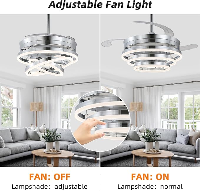 42 Inch Retractable Ceiling Fan, Modern Chandelier Ceiling Fan with Light,DC Motor, Dimmable,3 Color, 6 Wind Speed for Bedroom, Living Room and Dining Room, Silver