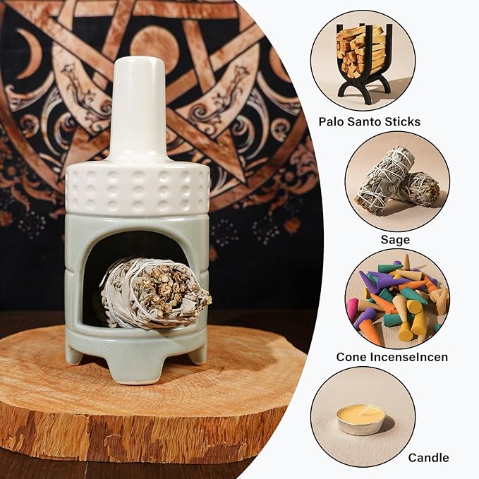 MOUGIGI Handmade Ceramic Palo Santo Holder Burner - Mini Chiminea Incense Dish for Palo Santo Sticks & Sage -Cone Burner Elegant Design for Energy Cleansing, Yoga, Meditation & Aromatherapy Idea