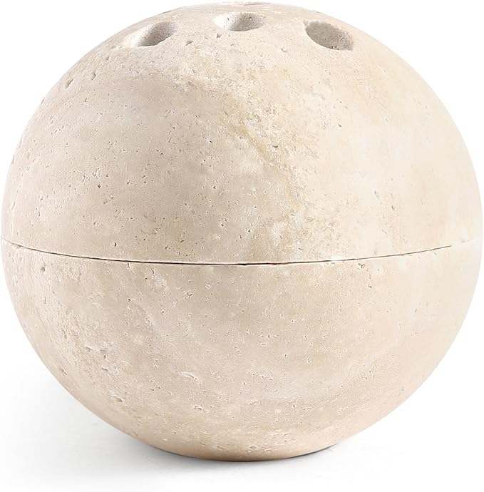 Natural Travertine Incense Burner – 4” Handmade Stone Incense Cone Holder, Minimalist Sphere Incense Burner for Home Decor, Meditation, Yoga, Spa, Relaxation (Beige)