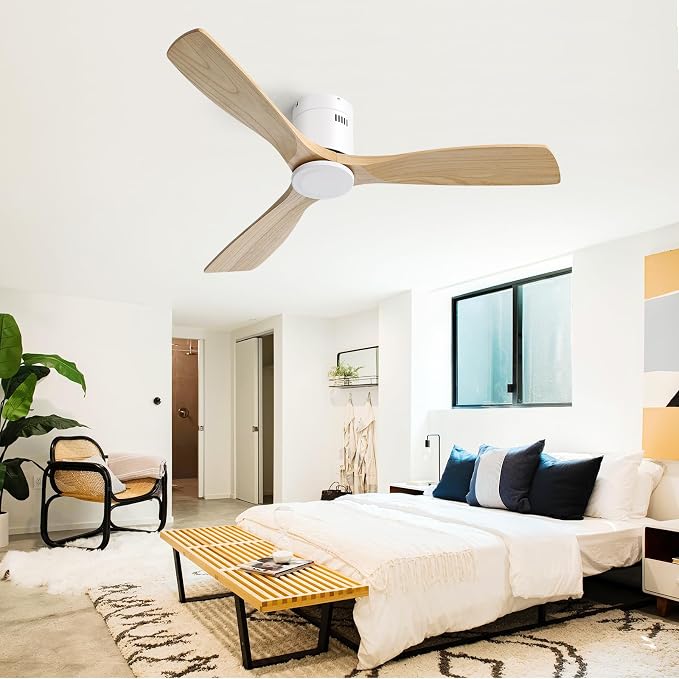 Sofucor Ceiling Fan No Light 52 Inch Flush Mount Ceiling Fan, Quiet Reversible DC Motor, Solid Wood Indoor Outdoor Ceiling Fan with Remote Control, 6-Speed for Bedroom Patio Farmhouse