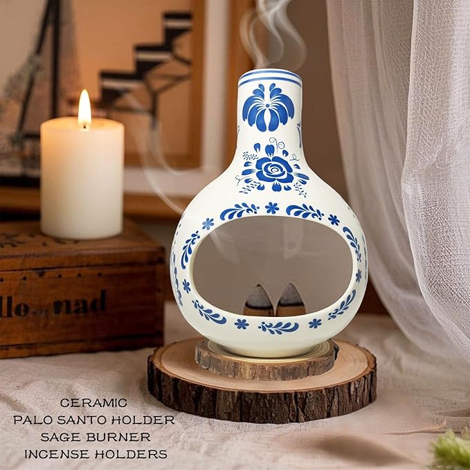 Palo Santo Burner Handmade Palo Santo Holder with Wooden Mat, Talavera Mexican Pottery Decor for Home, Meditation and Energy Cleansing, Sage Holder for Burning, Christmas Yoga Spa Gift