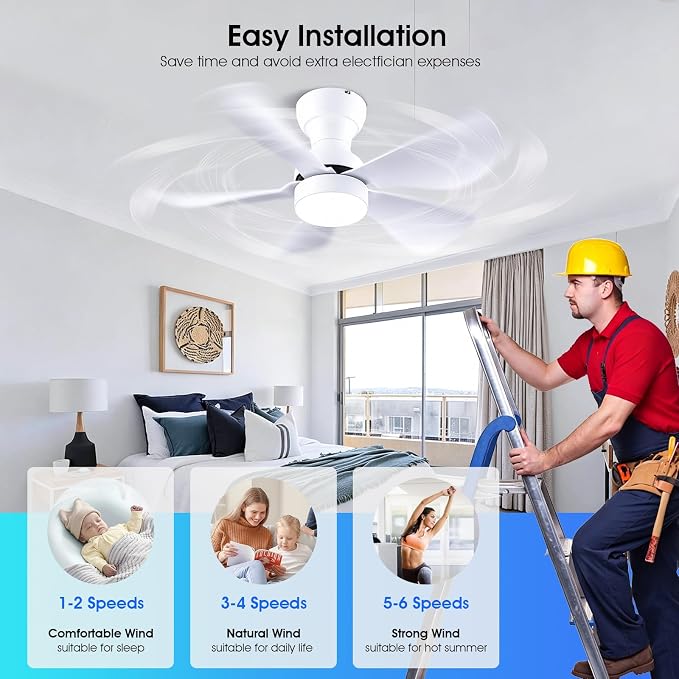 Kviflon 30 Inch Ceiling Fans with Lights and Remote Control, Flush Mount Ceiling Fans with 5 Reversible Curved Blades, 3 Colors Dimmable 6 Speeds Ceiling Fan for Bedroom Kitchen Dining Room, White