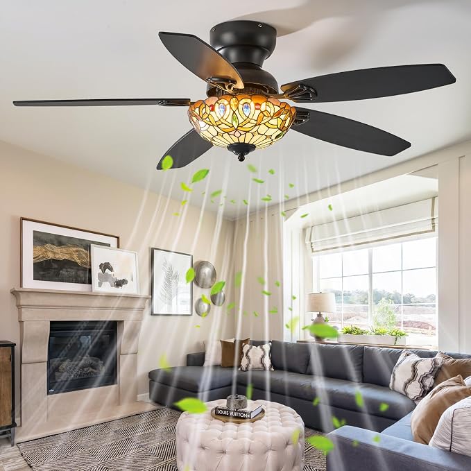Tiffany Ceiling Fans with Lights - 48" Ceiling Fan Chandelier with 5 Dual-Blades and Glass Shade, 6 Speeds and Reversible, Indoor and Outdoor, Retro Style