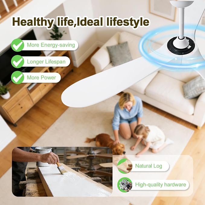 60 Inch Ceiling Fans with Lights and Remote, Wood Outdoor Ceiling Fan with 6 Speed Noiseless DC Motor, Indoor Modern 3 Blade Propeller Ceiling Fan for Bedroom Living Room Gazebo Patio (White)