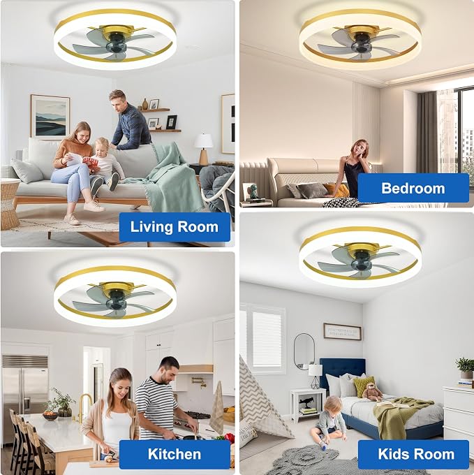 DLLT Bladeless Ceiling Fans with Lights: 24 Inch Modern Flush Mount Low Profile Ceiling Fan with APP Remote Control - Gold Enclosed LED Fandelier Dimmable Quiet DC Motor for Bedroom Living Room