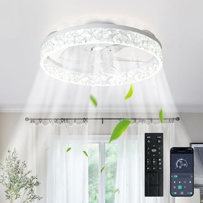 Depuley Ceiling Fans with Lights and Remote: 16" Modern Low Profile Flush Mount Ceiling Fan with App Remote Control - White Fandelier for Bedroom Living Room Kitchen Dimmable Quiet DC Motor