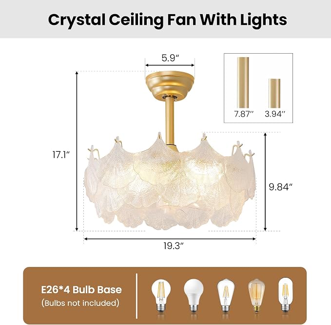 20'' Fandelier Ceiling Fans with Lights, Gold Caged Ceiling Fan with Remote Low Profile, 6 Speed and Gingko Leaf, Modern Semi Flush Mount Ceiling Fan for Bedroom, Living Room, Nursery