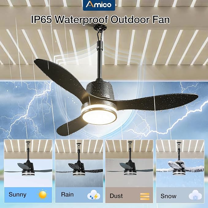 Amico 42 Inch Outdoor Ceiling Fans with Lights for Patios, IP65 Waterproof Gazebo Fan Remote Control, 3000-6000K, 6 Speeds, Hook Hanging Plug in Ceiling Fan for Patio Porch Pergola Garage Canopy