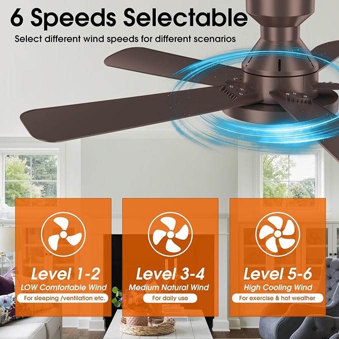 Ceiling Fans with Lights, 46" Low Profile Ceiling Fan with Light, Remote/App Control, Flush Mount Ceiling Fan for Bedroom, Indoor/Outdoor (Brown)