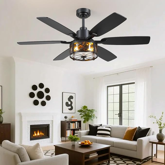 Hounberi 52" Farmhouse Ceiling Fans with Lights and Remote, Black Industrial Ceiling with Seeded Glass, 6-Speed Reversible DC Motor, Caged Ceiling Fans for Living Room Bedroom