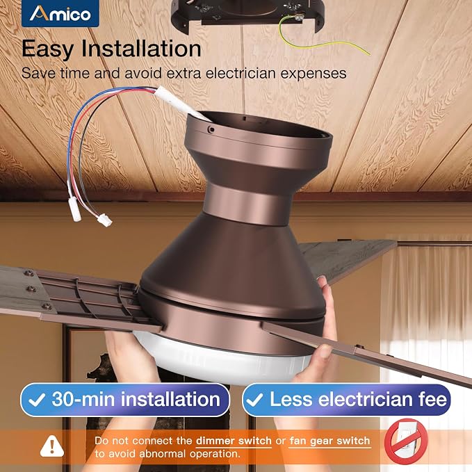 Amico Ceiling Fans with Lights, 52 inch Low Profile Ceiling Fan with Light and Remote Control, Flush Mount, Reversible, 3CCT, Dimmable, Noiseless, Brown Ceiling Fan for Bedroom, Indoor/Outdoor Use