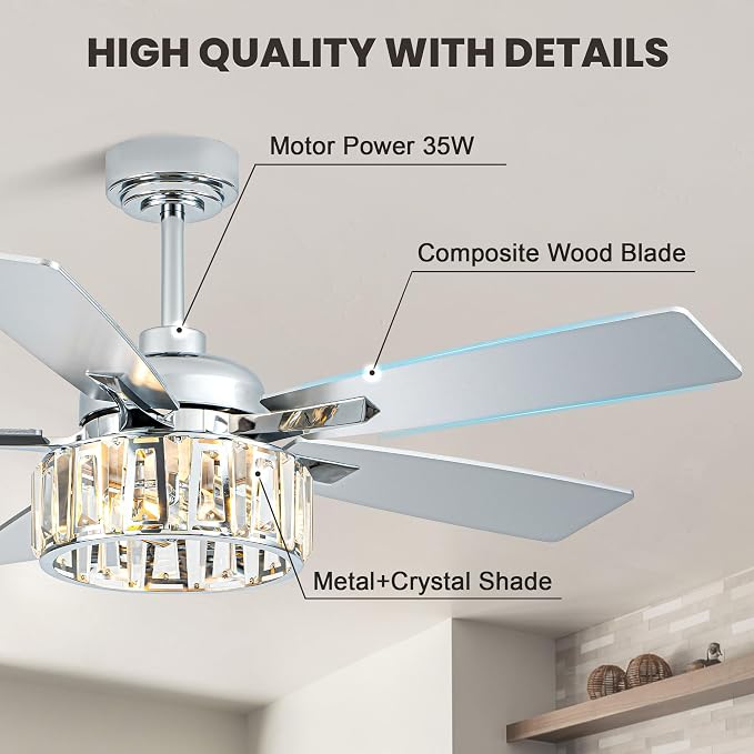Dawn Whisper 52" Crystal Chandelier Ceiling Fans with Lights and Remote | Modern Design Quiet Reversible DC Motor 6 Speeds Timer for Living Room Bedroom