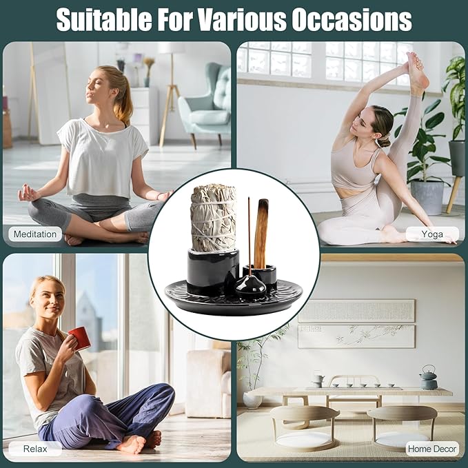 Palo Santo Holder, 4 in 1 Incense Burner Holder, Ceramic Ash Catcher Tray for Meditation Room, Candle Holder for Burning Sage, Palo Santo, Black
