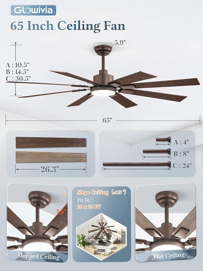 65 Inch Ceiling Fans with Lights and Remote&APP Control, Bronze Smart Ceiling Fan with 3000-6000K Dimmable, 6 Speeds Quiet Reversible Motor, Indoor/Outdoor Ceiling Fan for Living Room Bedroom