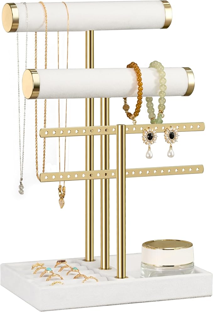 Jewelry Organizer Stand for Necklaces, Bracelets, Earrings, Rings, White | 3 Tier Velvet Bracelet Holder Display | Jewelry Organizers and Storage | Jewelry Tree | Jewelry Towers