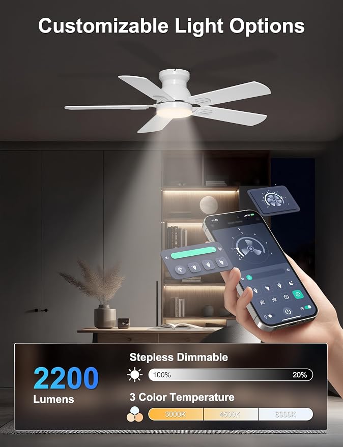 42'' White Flush Mount Ceiling Fans with Lights for Nursery Room | App/Remote Control, Low Profile, Space-Saving, Quiet DC Motor, 3CCT Dimmable, 6 Speeds Modern Overhead Fan for Low Ceilings