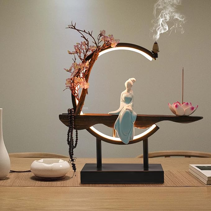 TFCFL Backflow Incense Holder with LED Light Ring, Chinese Style Handmade Flower Censer Incense Cone Sticks Burner Home Decor Aromatherapy Ornament Incense Holders + Cone
