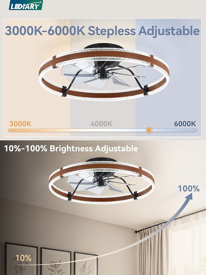 LEDIARY 24" Ceiling Fans with Lights and Remote, Low Profile Ceiling Fan with Light, 3000-6000K Dimmable Fandelier Ceiling Fans, Modern Flush Mount Fan Light for Bedroom with 6 Wind Speeds - Walnut